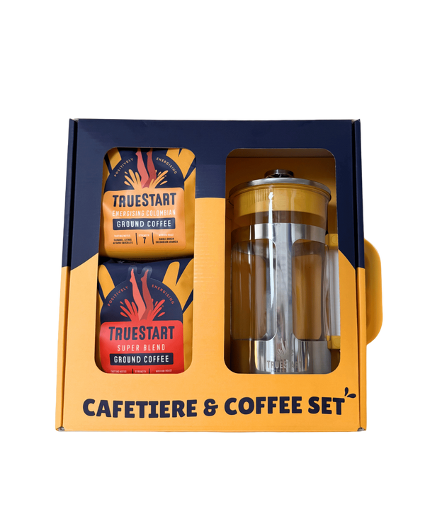 Cafetiere and coffee set with Truestart coffee in a packaging box on a white background