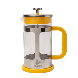 French press coffee maker with yellow accents on a white background